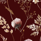 Dahlia Maroon Wallpaper by Wall Blush SM01 featured in elegant room decor close-up.

(Note: The type of room is not visible in the image, so I included a general term elegant room decor to suggest an appropriate setting for the wallpaper and keep the focus on the product. If the type of room (e.g., living room, bedroom, etc.) was specified or visible, it should be included in the alt text.)
