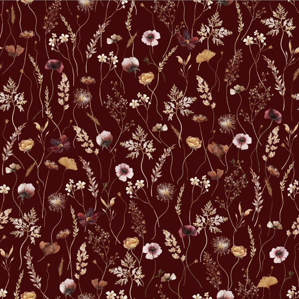 Dahlia (Maroon) Wallpaper by Wall Blush SM01, elegant floral design for living room interior, detailed close-up view.
