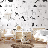 Puppy Love Wallpaper by Wall Blush in a stylish nursery room, highlighting the playful dog patterns.
