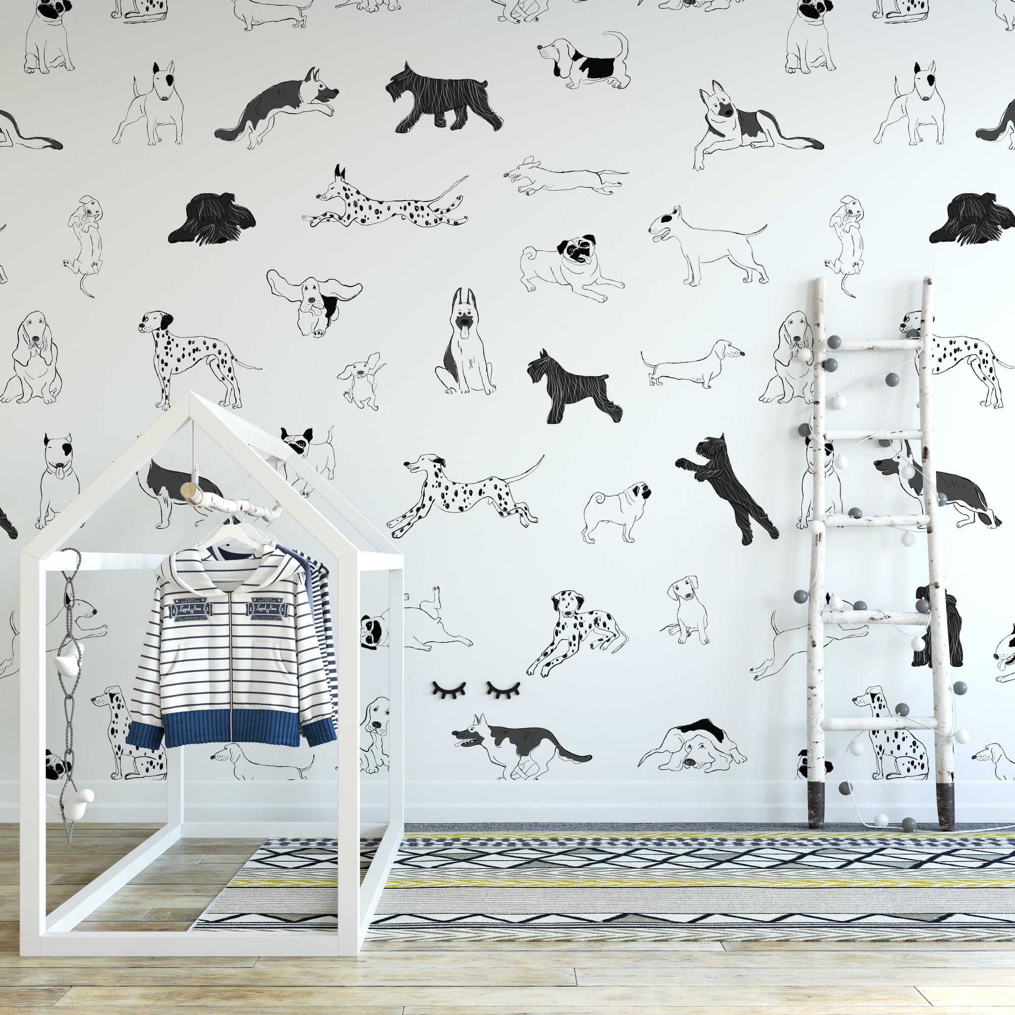 "Child's room decorated with Wall Blush Puppy Love Wallpaper featuring playful dog illustrations."