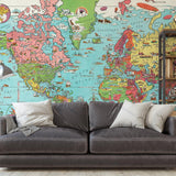Dudley's World Wallpaper by Wall Blush in a cozy living room, with a focus on the vibrant map design.
