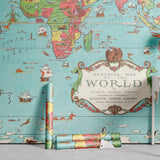 Dudley's World Wallpaper by Wall Blush in stylish office room with map design, featuring vibrant colors and vintage look.
