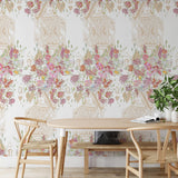 "Dynasty Wallpaper by Wall Blush featured in modern dining room setting, with decorative floral motifs."