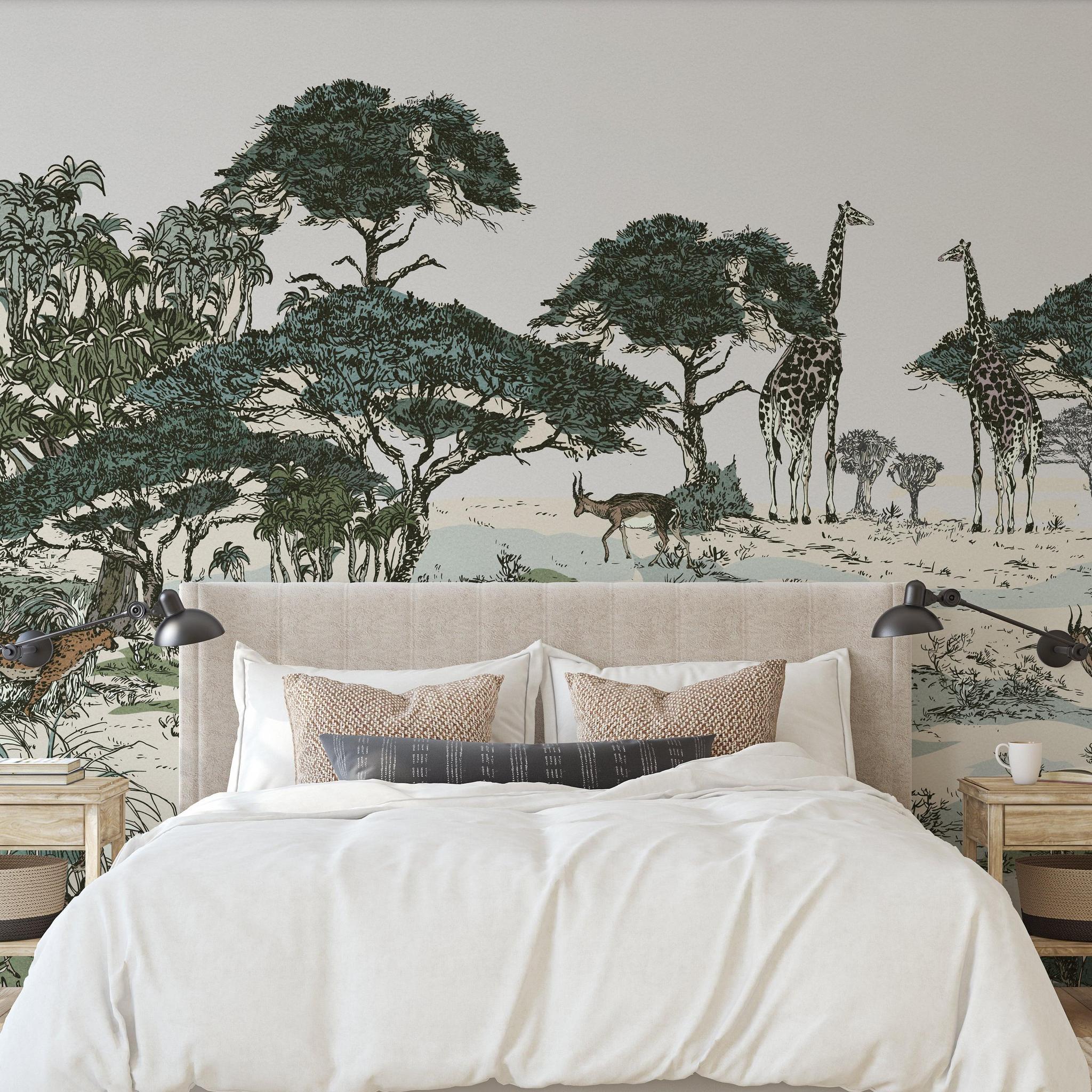 Eliza Wallpaper by Wall Blush SG02 featuring safari design in a modern bedroom setting, with clear focus on the wall decor.
