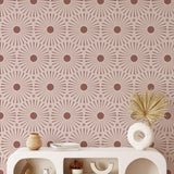Esmeralda Wallpaper in a stylish living room, Wall Blush SG02 design, with focus on wallpaper pattern.

