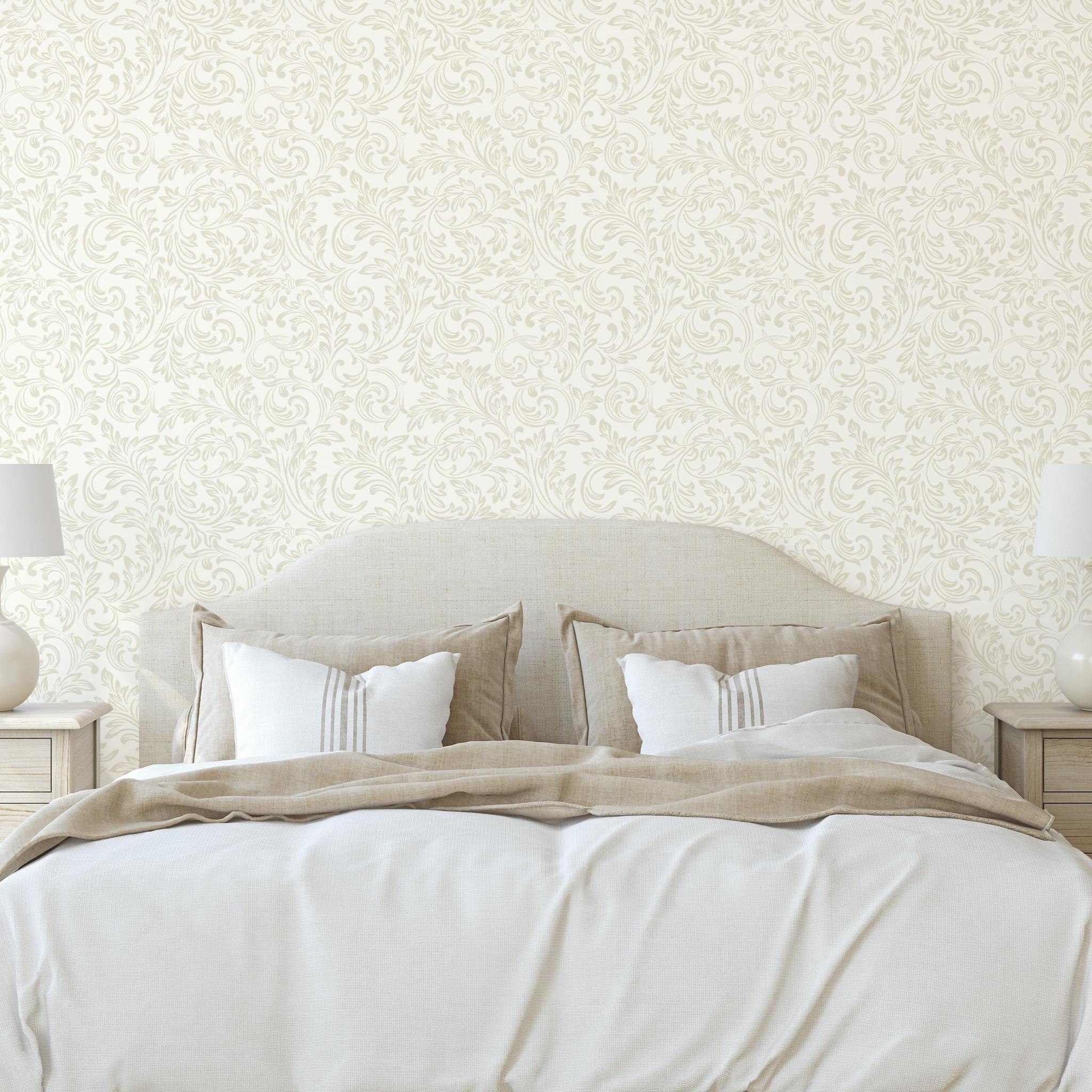 Elegant Estelle Wallpaper by Wall Blush SG02 in a Stylish Bedroom, displaying intricate design and modern decor.
