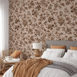 "Etta Wallpaper by Wall Blush accentuates a cozy bedroom, highlighting floral patterns for a chic decor."