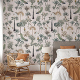"Oasis Wallpaper by Wall Blush in a cozy bedroom setting, highlighting the tropical pattern as the main focus."