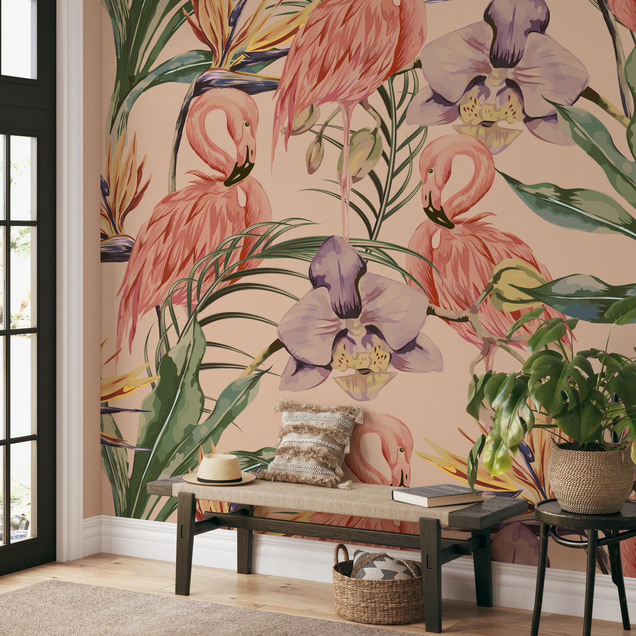 "Wall Blush Flamenco Wallpaper enhancing a cozy living room with tropical flair and vibrant pink flamingos."