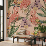"Wall Blush Flamenco Wallpaper enhancing a cozy living room with tropical flair and vibrant pink flamingos."