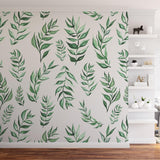 Fresh Start Wallpaper from The Minty Line enhancing the cozy living room ambiance with green leafy design.
