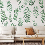 Fresh Start Wallpaper by The Minty Line in a cozy, modern living room, with leaf patterns as focus.
