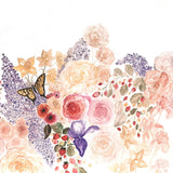 Garden Whimsy Wallpaper by The Salem Gideon Line adorning a bedroom wall with pastel floral patterns.
