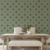 Dining room with Gemma Wallpaper from Wall Blush SG02, showcasing elegant green patterned wall focus
