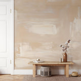 "Glide Wallpaper by Wall Blush in cozy living room, modern abstract design focus, with bench and decor accents."