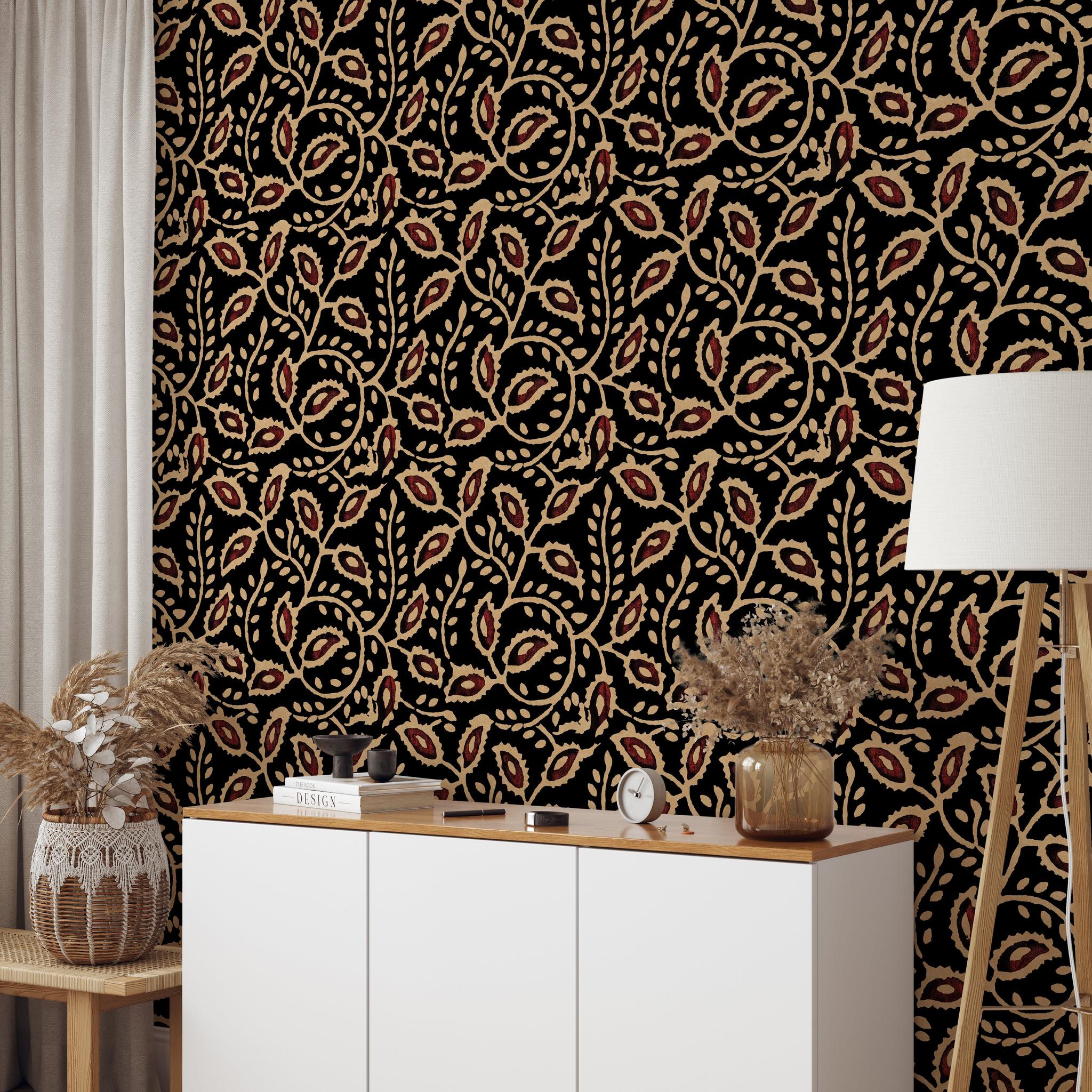 "Wall Blush 'Heart of Mine Wallpaper' in a stylish living room, with elegant decor emphasizing the wallpaper pattern."