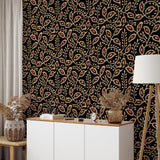 "Wall Blush 'Heart of Mine Wallpaper' in a stylish living room, with elegant decor emphasizing the wallpaper pattern."