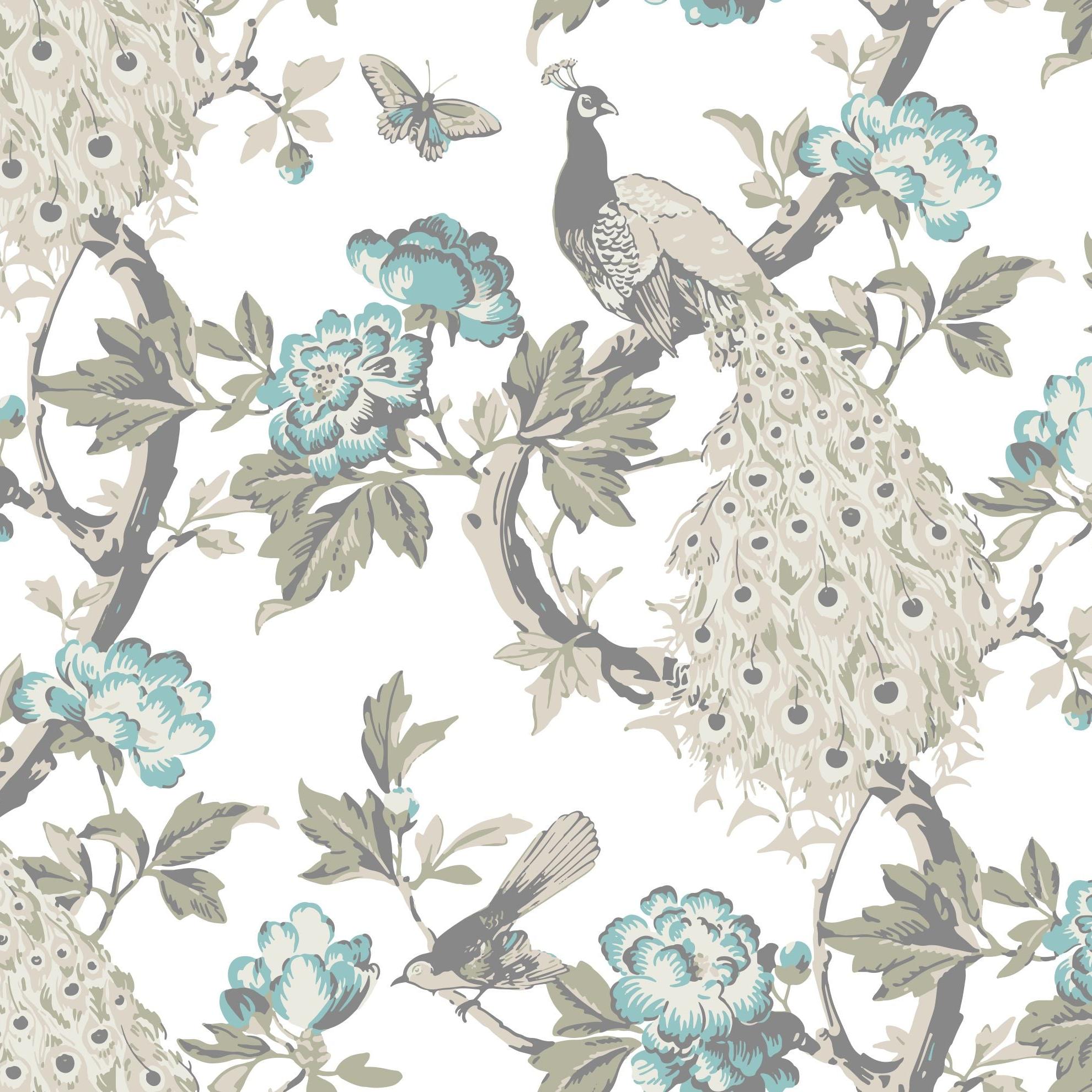 Hera (Blue) Wallpaper by Wall Blush SG02, elegant design in a living room setting, showcasing floral and peacock pattern.
