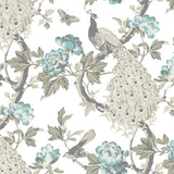 Hera (Blue) Wallpaper by Wall Blush SG02, elegant design in a living room setting, showcasing floral and peacock pattern.
