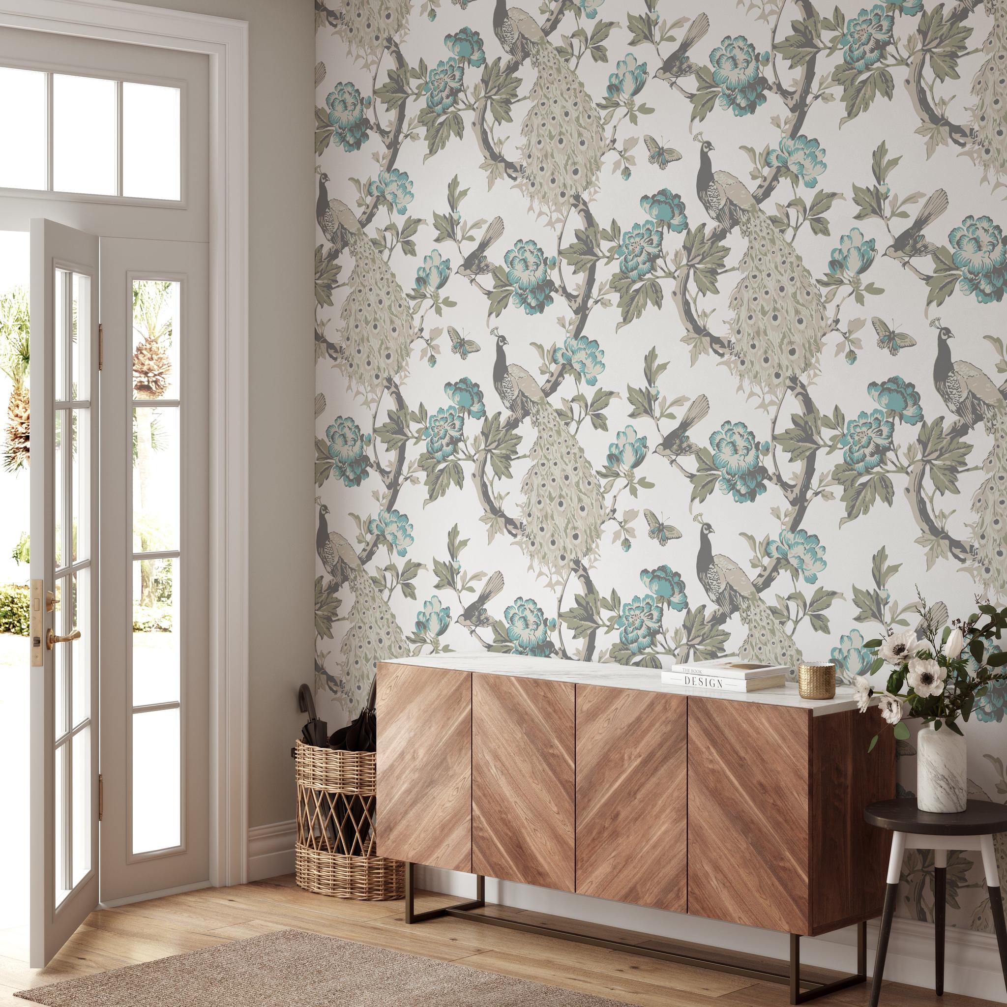 "Hera (Blue) Wallpaper by Wall Blush adorning a modern living room, emphasizing elegant wall decor."