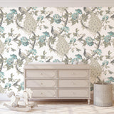 Hera (Blue) Wallpaper by Wall Blush SG02 in a stylish bedroom, with elegant peacock design as the focal point.
