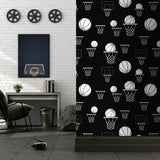"Hoops Wallpaper design by Wall Blush in a stylish living room with basketball-themed decor and modern furnishings."