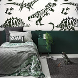 "Dino Rush Wallpaper by Wall Blush in a modern kids' bedroom focusing on playful dino-patterned wall design."