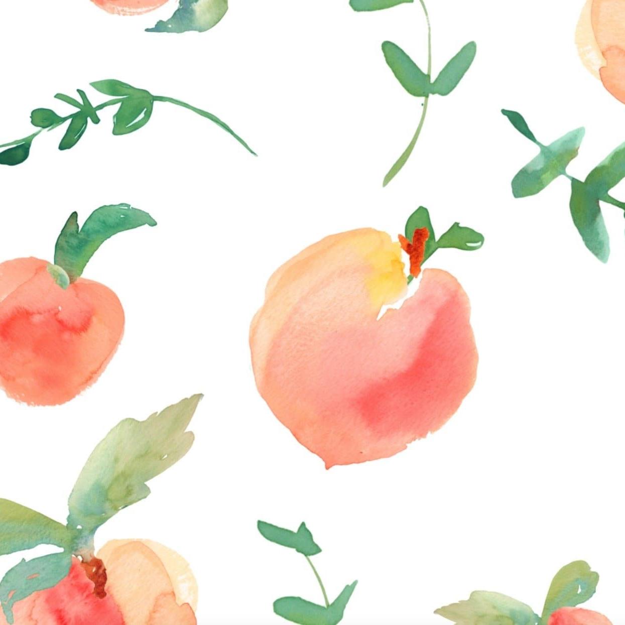 Peachy Clean Wallpaper by Wall Blush with watercolor peaches and green leaves pattern, focus on wall decor.
