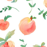 Peachy Clean Wallpaper by Wall Blush with watercolor peaches and green leaves pattern, focus on wall decor.
