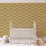 Josephine Wallpaper by Wall Blush SG02 featured in cozy nursery room with crib and rocking horse.
