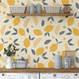 Lemmy Wallpaper by Wall Blush in a stylish kitchen, featuring lemon pattern as the focal point.