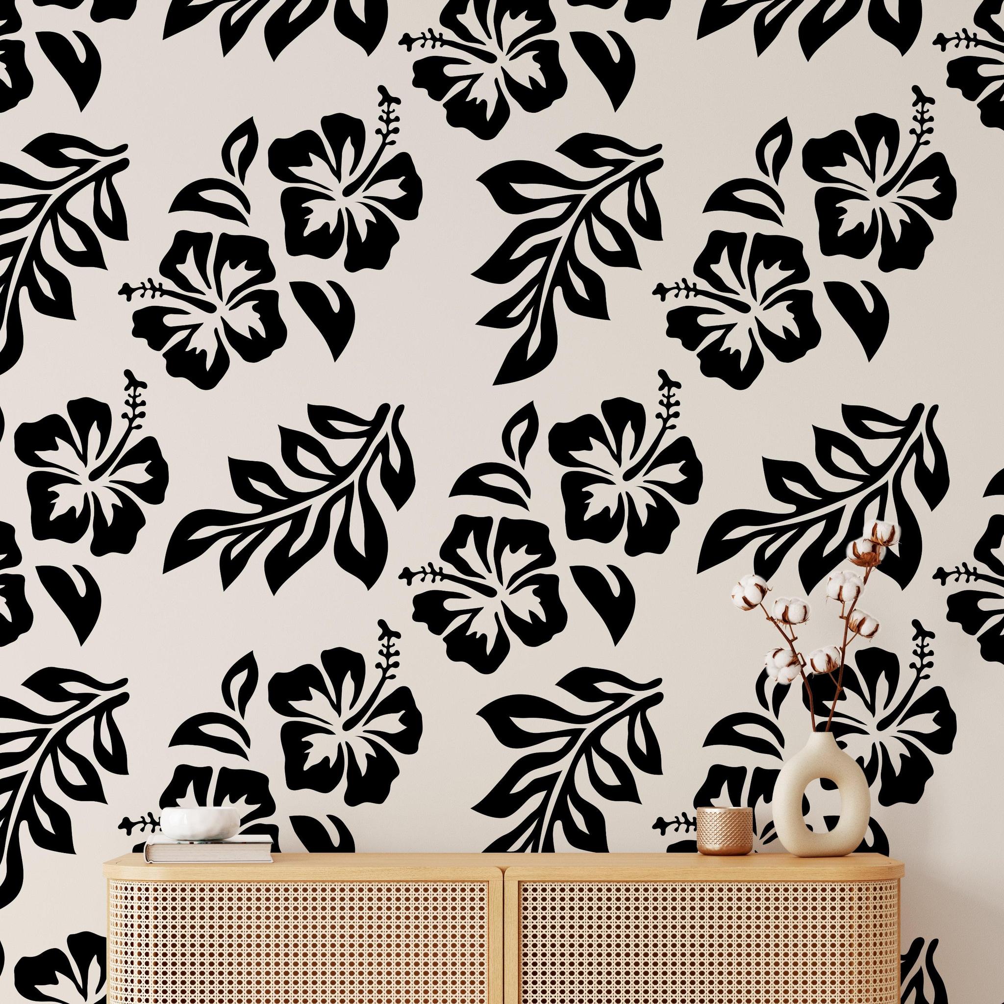 Luana Wallpaper by Wall Blush SG02 in a modern living room, featuring bold black and white floral patterns.
