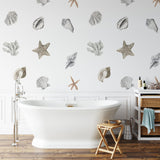 "Nautilus Wallpaper by Wall Blush adorning a stylish bathroom, highlighting the marine-inspired design focus."