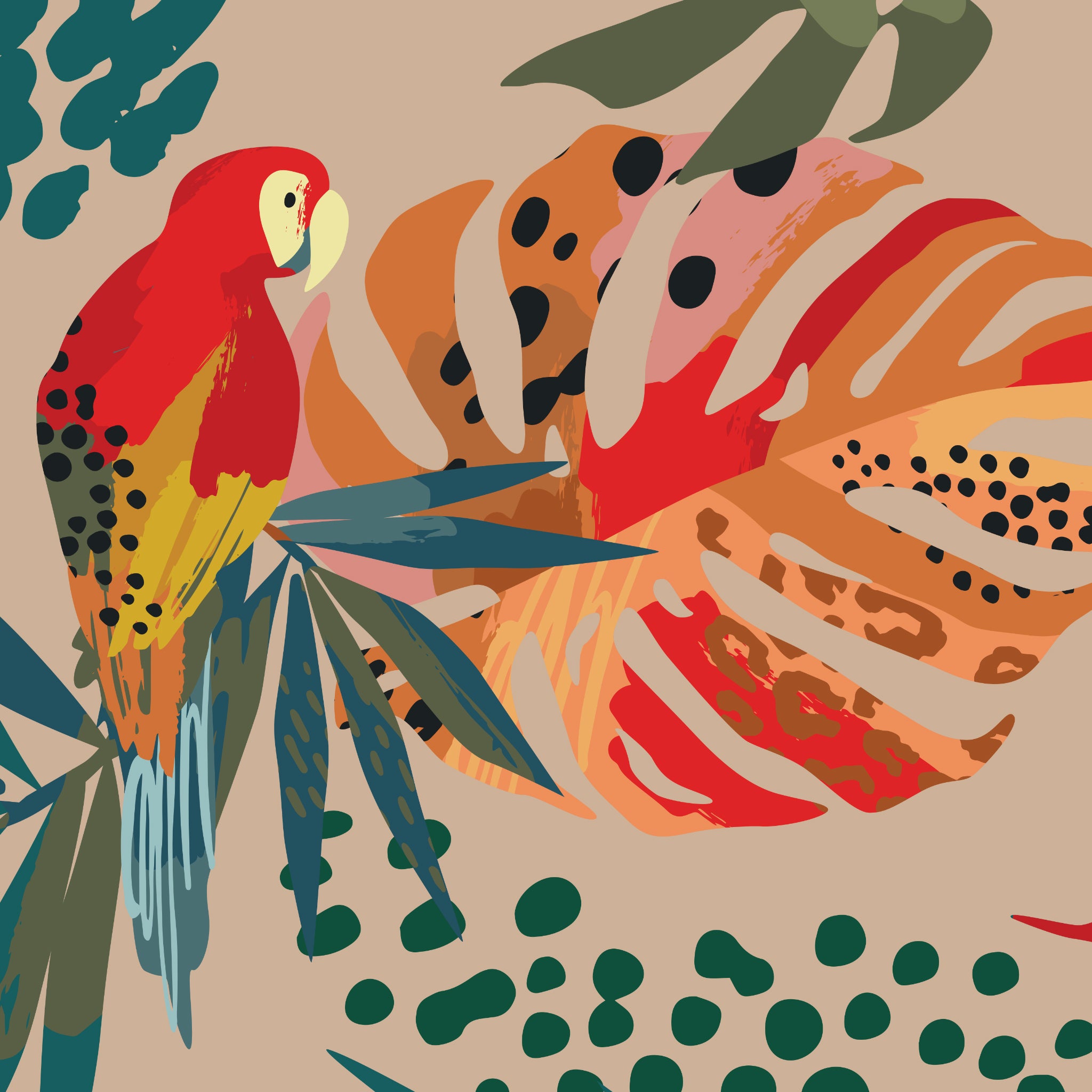 "Wall Blush Macaw Wallpaper featuring vibrant colors and tropical design for a lively living room ambiance"