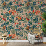 "Vibrant Wall Blush Macaw Wallpaper in a modern living room, showcasing colorful tropical design."