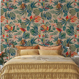 Wall Blush SG02 Macaw Wallpaper in a trendy bedroom setup, with the focus on vibrant tropical patterns.
