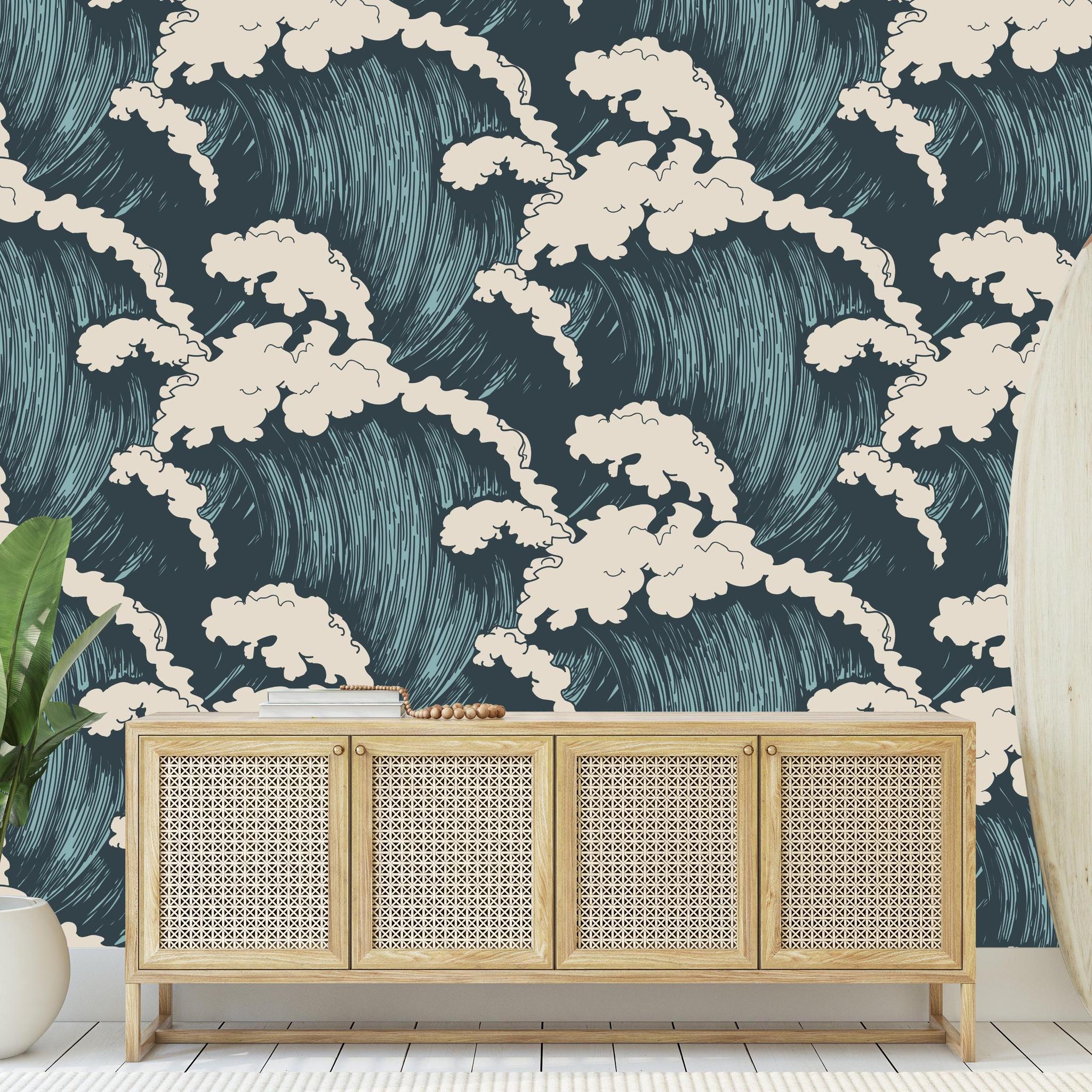 Maverick Wallpaper by Wall Blush SG02 in a modern living room, featuring an accent wall with a distinctive blue and white cloud pattern.
