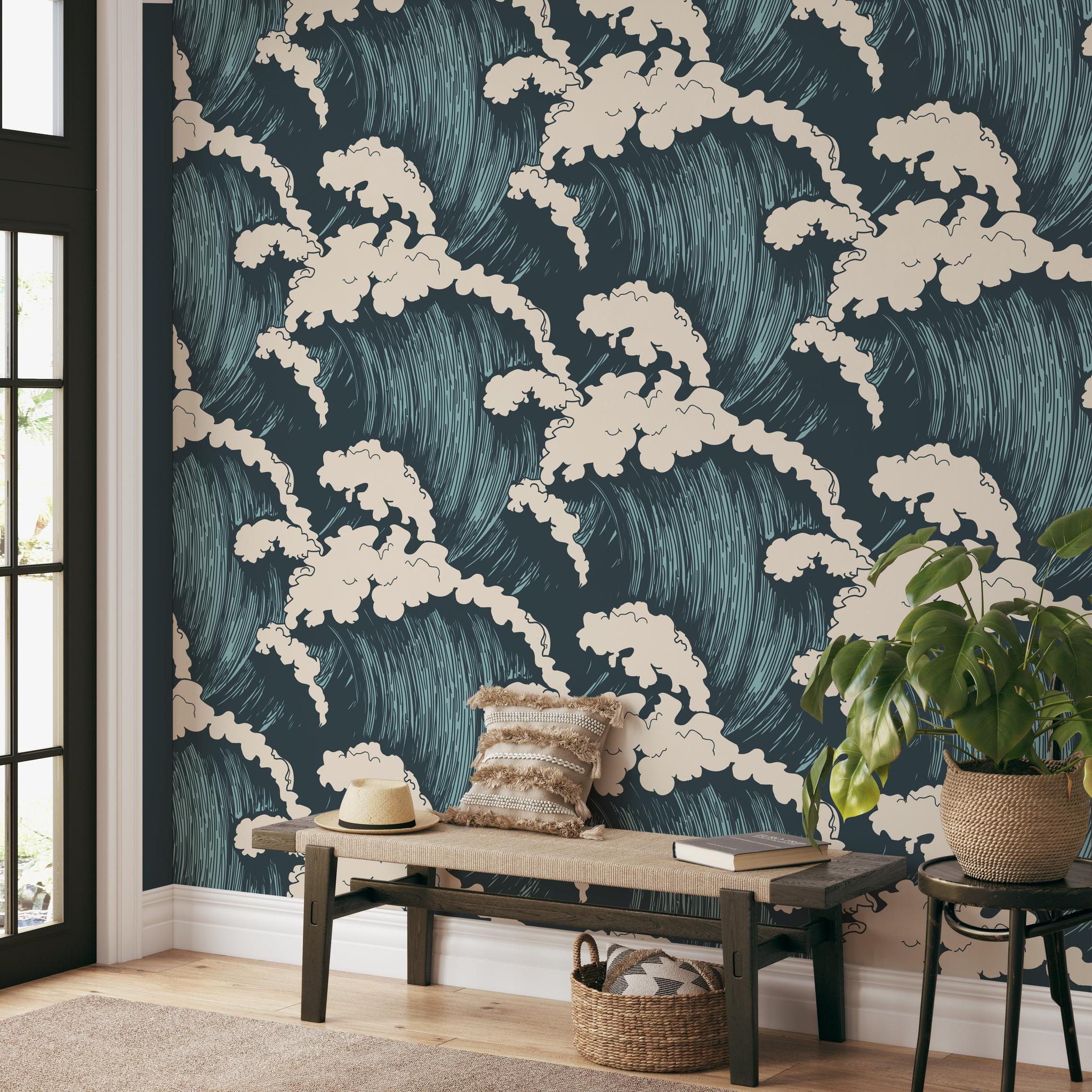 "Maverick Wallpaper by Wall Blush showcasing a stylish design in a modern living room setting, with a focus on the elegant pattern."