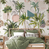 Paradise Wallpaper by The Clements Crew Line in a cozy bedroom with tropical design focus.

