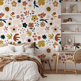 "Mila Wallpaper by Wall Blush with colorful floral design in a stylish bedroom interior, highlighting serene ambiance."