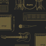 "Wall Blush's Gibson Wallpaper featuring musical instruments pattern in a stylish room setup."