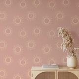 "Wall Blush's Sun Kissed Wallpaper in a stylish living space, showcasing the elegant design as the room's focal point."