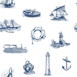 "Mariner Wallpaper by Wall Blush with nautical patterns perfect for a themed living room decor."