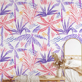Nim Wallpaper by Wall Blush SG02, vibrant tropical pattern in a cozy bedroom setting, showcasing decor focus.
