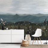 "On the Horizon Wallpaper by Wall Blush in Stylish Modern Living Room, with Focused Wall Decor"