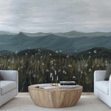 On the Horizon Wallpaper from The David Brazier Line in elegant living room, focus on scenic design.
