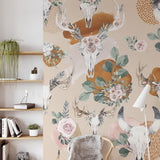 Desert Rose Wallpaper from The Chelsea DeBoer Line featured in a cozy, stylish reading room setting.

