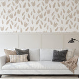 Serena Wallpaper by Wall Blush accentuates living room walls with elegant botanical patterns.
