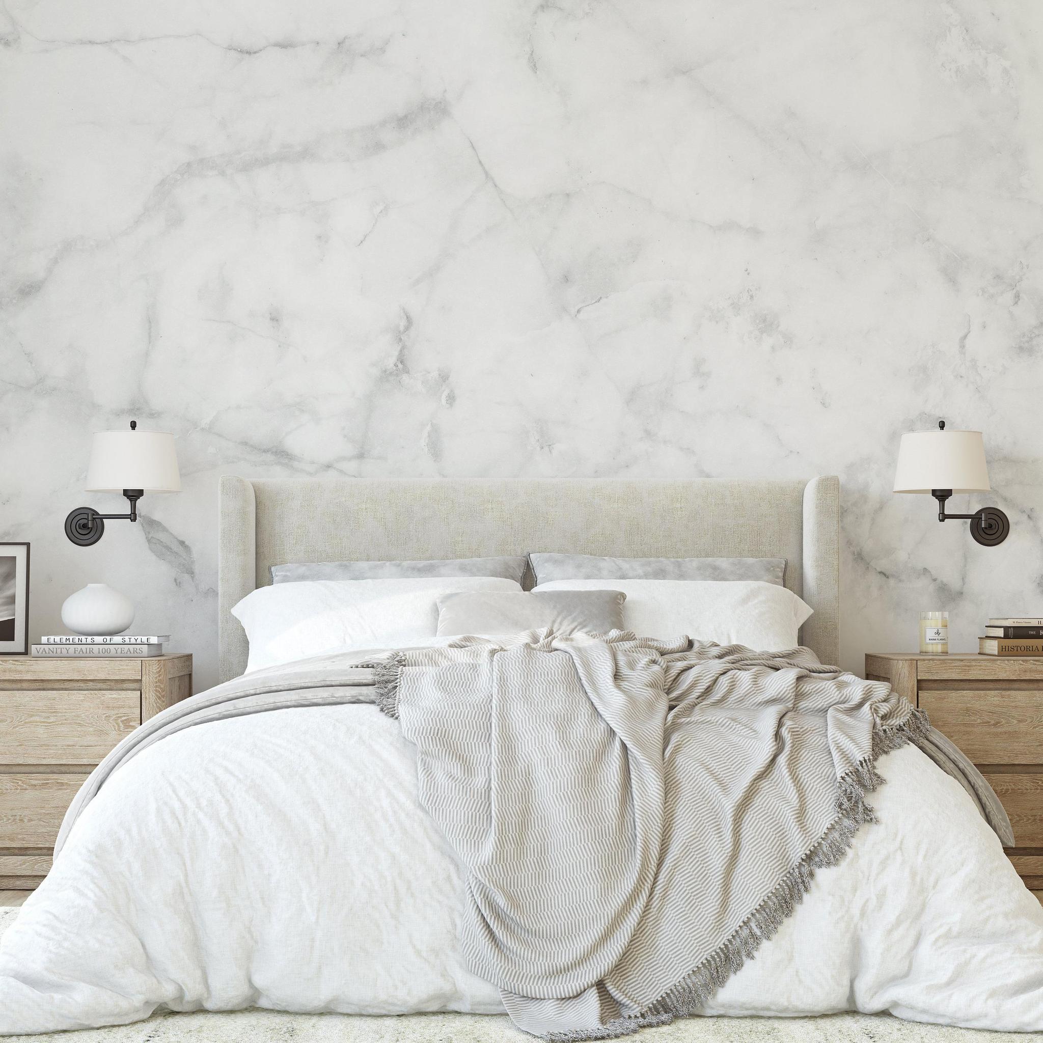 Elegant bedroom featuring Petra Wallpaper by Wall Blush SG02 with a luxurious marble design focus.
