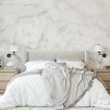 Elegant bedroom featuring Petra Wallpaper by Wall Blush SG02 with a luxurious marble design focus.
